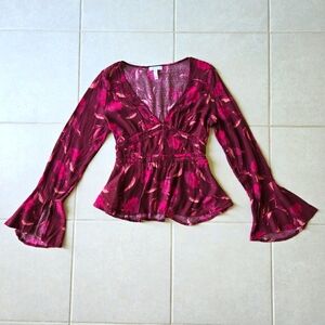 Leith S Burgundy Pink Floral Boho 70s Blouse Long Bell Sleeves Rayon V Neck
